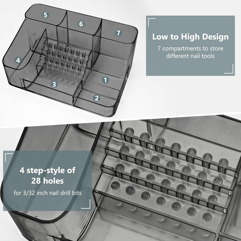 CGBE Nail Drill Machine & Nail Drill Holder, 28 Holes Acrylic Drill Bit Holder for Nails, Professional Nail Organizer and Storage Box Case (Not Including Nail Drill Machine & Bit) - Gray - Image 2